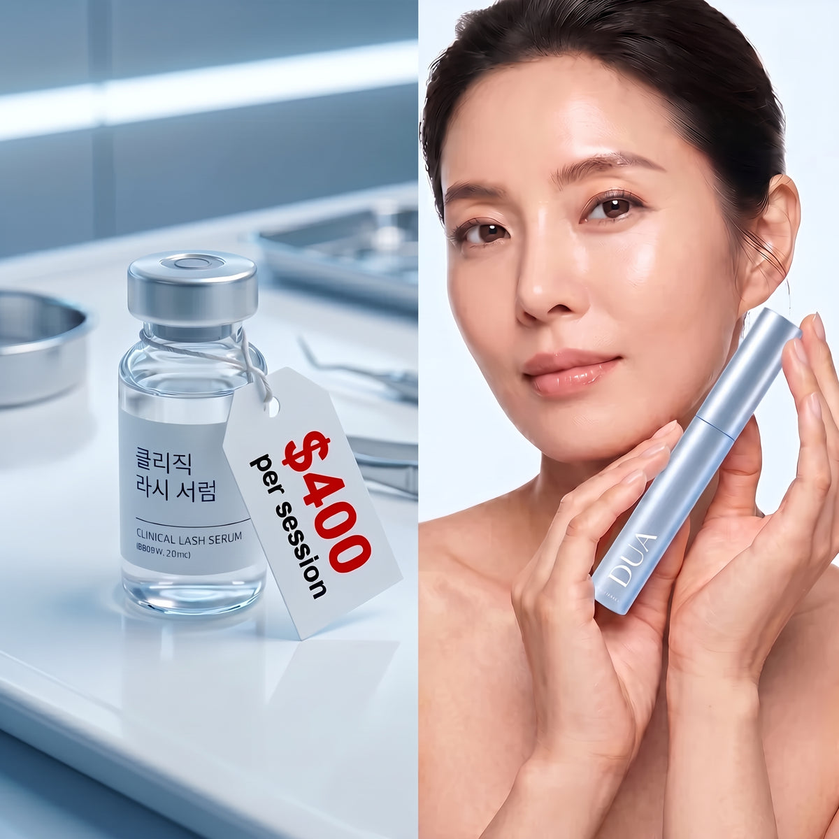 Split image: clinic treatment vs. model with product
